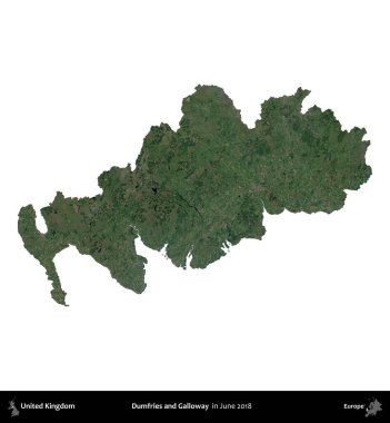 Dumfries ve Galloway. Birleşik Krallık 'ın idari alanı, Haziran 2018' de çekilen Kopernik Nöbetçi karolarından oluşan bir uydu görüntüsüyle beyaza izole edilmiştir.