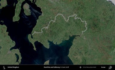 Dumfries ve Galloway. Haziran 2018 'de çekilen Kopernik Nöbetçi karolarından oluşan bir uydu görüntüsü üzerinde Birleşik Krallık' ın idari alanının ana hatlarını belirledik.