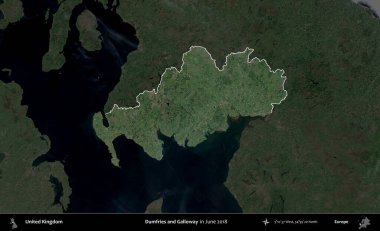 Dumfries ve Galloway. Birleşik Krallık 'ın idari alanı, Haziran 2018' de çekilen Kopernik Nöbetçi karolarından oluşan koyu renkli bir uydu görüntüsü üzerinde vurgulandı ve özetlendi.