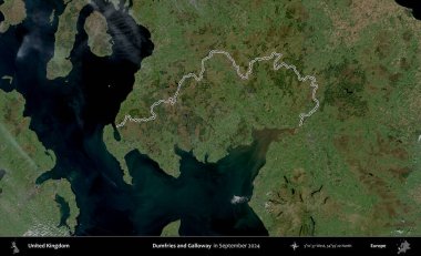 Dumfries ve Galloway. Eylül 2024 'te çekilen Kopernik Nöbetçi karolarından oluşan bir uydu görüntüsü üzerinde Birleşik Krallık' ın idari bölgesinin ana hatlarını belirledik.