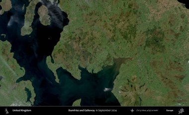 Dumfries ve Galloway. Eylül 2024 'te Copernicus Sentinel karolarından oluşan bir uydu görüntüsü üzerinde Birleşik Krallık' ın idari alanı