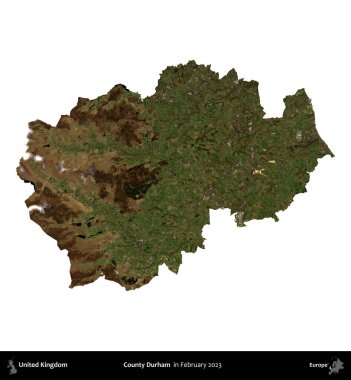 Durham ilçesi. Birleşik Krallık 'ın idari alanı, Şubat 2023' te çekilen Kopernik Nöbetçi karolarından oluşan bir uydu görüntüsü ile beyaza izole edilmiştir.