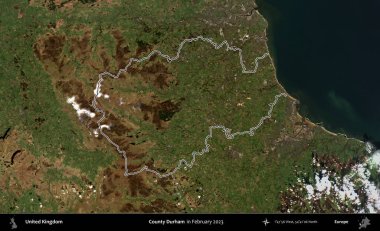 Durham ilçesi. Şubat 2023 'te çekilen Kopernik Nöbetçi karolarından oluşan bir uydu görüntüsü üzerinde Birleşik Krallık' ın idari bölgesinin ana hatlarını belirledik.