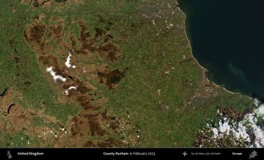 Durham ilçesi. Kopernik Sentinel 'in Şubat 2023' te çekilmiş uydu görüntüsü üzerine Birleşik Krallık 'ın idari bölgesi.