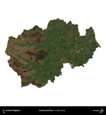 Durham ilçesi. Birleşik Krallık 'ın idari alanı, Nisan 2023' te çekilen Kopernik Nöbetçi karolarından oluşan bir uydu görüntüsü üzerinde beyaza izole edilmiştir.