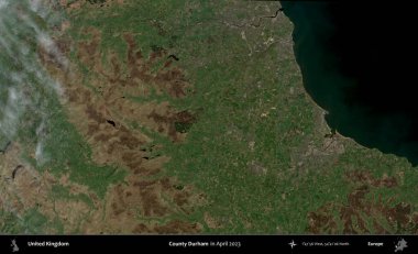 Durham ilçesi. Nisan 2023 'te çekilen Kopernik Nöbetçi karolarından oluşan bir uydu görüntüsü üzerinde Birleşik Krallık' ın idari alanı