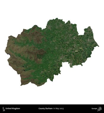 Durham ilçesi. Birleşik Krallık 'ın idari alanı, Mayıs 2023' te çekilen Kopernik Nöbetçi karolarından oluşan bir uydu görüntüsü üzerinde beyaza izole edilmiştir.