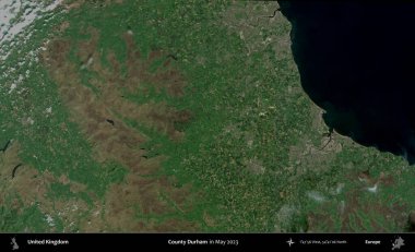 Durham ilçesi. Mayıs 2023 'te Copernicus Sentinel karolarından oluşan bir uydu görüntüsü üzerinde Birleşik Krallık' ın idari alanı