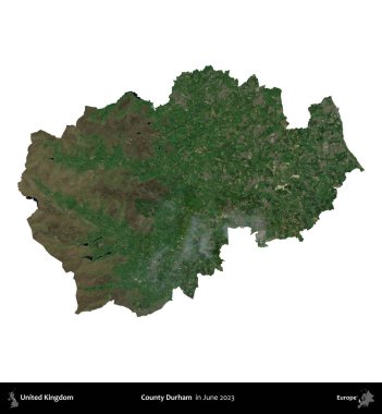 Durham ilçesi. Birleşik Krallık 'ın idari alanı, Haziran 2023' te çekilen Kopernik Nöbetçi karolarından oluşan bir uydu görüntüsü üzerinde beyaza izole edilmiştir.