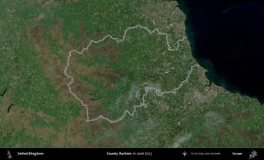 Durham ilçesi. Haziran 2023 'te çekilen Kopernik Nöbetçi karolarından oluşan bir uydu görüntüsü üzerinde Birleşik Krallık' ın idari alanının ana hatlarını belirledik.