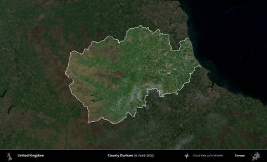 Durham ilçesi. Birleşik Krallık 'ın idari alanı, Haziran 2023' te çekilen Kopernik Nöbetçi karolarından oluşan koyu renkli bir uydu görüntüsüyle vurgulanmış ve özetlenmiştir.