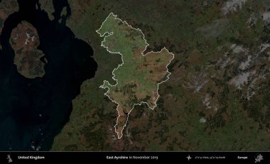 Doğu Ayrshire. Birleşik Krallık 'ın idari alanı, Kasım 2019' da çekilen Kopernik Nöbetçi karolarından oluşan koyu renkli bir uydu görüntüsü üzerinde vurgulandı ve özetlendi.