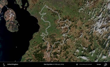 Doğu Ayrshire. Şubat 2024 'te çekilen Kopernik Nöbetçi karolarından oluşan bir uydu görüntüsü üzerinde Birleşik Krallık' ın idari alanının ana hatlarını belirledik.