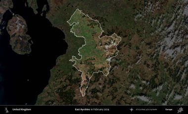 Doğu Ayrshire. Birleşik Krallık 'ın idari alanı, Şubat 2024' te çekilen Kopernik Nöbetçi karolarından oluşan koyu renkli bir uydu görüntüsü üzerinde vurgulandı ve özetlendi.
