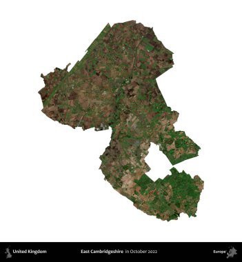 Doğu Cambridgeshire. Birleşik Krallık 'ın idari alanı, Ekim 2022' de çekilen Kopernik Nöbetçi karolarından oluşan bir uydu görüntüsüyle beyaza izole edildi.