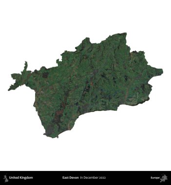 Doğu Devon. Birleşik Krallık 'ın idari alanı, Aralık 2022' de çekilen Kopernik Nöbetçi karolarından oluşan bir uydu görüntüsüyle beyaza izole edildi.