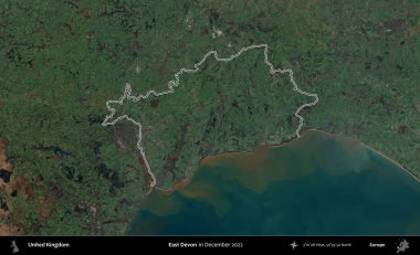 Doğu Devon. Aralık 2022 'de çekilen Copernicus Sentinel karolarından oluşan bir uydu görüntüsü üzerinde Birleşik Krallık' ın idari bölgesini özetlemiştir.