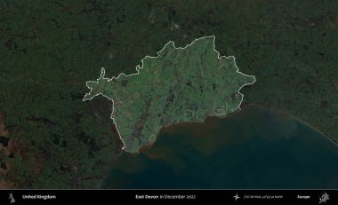Doğu Devon. Birleşik Krallık 'ın idari alanı, Aralık 2022' de çekilen Kopernik Nöbetçi karolarından oluşan koyu renkli bir uydu görüntüsü üzerinde vurgulandı ve özetlendi.