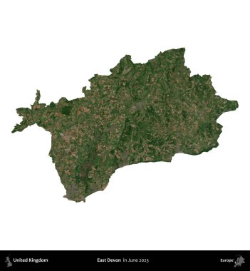 Doğu Devon. Birleşik Krallık 'ın idari alanı, Haziran 2023' te çekilen Kopernik Nöbetçi karolarından oluşan bir uydu görüntüsü üzerinde beyaza izole edilmiştir.