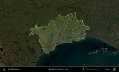Doğu Devon. Birleşik Krallık 'ın idari alanı, Ocak 2024' te çekilen Kopernik Nöbetçi karolarından oluşan koyu renkli bir uydu görüntüsü üzerinde vurgulandı ve özetlendi.