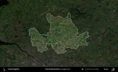 Doğu Dunbartonshire. Birleşik Krallık 'ın idari alanı, Ağustos 2021' de çekilen Kopernik Nöbetçi karolarından oluşan koyu renkli bir uydu görüntüsü üzerinde vurgulandı ve özetlendi.