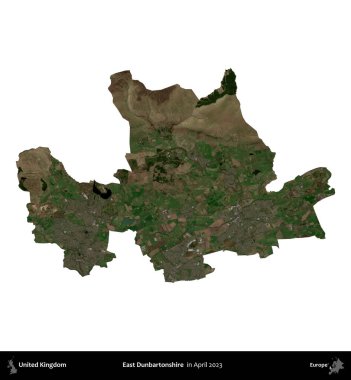 Doğu Dunbartonshire. Birleşik Krallık 'ın idari alanı, Nisan 2023' te çekilen Kopernik Nöbetçi karolarından oluşan bir uydu görüntüsü üzerinde beyaza izole edilmiştir.