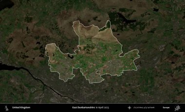 Doğu Dunbartonshire. Birleşik Krallık 'ın idari alanı, Nisan 2023' te çekilen Kopernik Nöbetçi karolarından oluşan koyu renkli bir uydu görüntüsü üzerinde vurgulandı ve özetlendi.