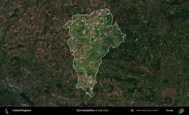 Doğu Hampshire. Birleşik Krallık 'ın idari alanı, Temmuz 2024' te çekilen Kopernik Nöbetçi karolarından oluşan koyu renkli bir uydu görüntüsü üzerinde vurgulandı ve özetlendi.