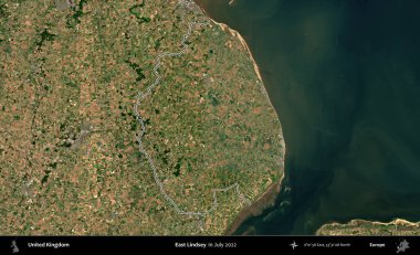 Doğu Lindsey. Temmuz 2022 'de çekilen Copernicus Sentinel karolarından oluşan bir uydu görüntüsü üzerinde Birleşik Krallık' ın idari bölgesinin ana hatlarını belirledik.
