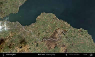 Doğu Lothian. Şubat 2019 'da çekilen Kopernik Nöbetçi karolarından oluşan bir uydu görüntüsü üzerinde Birleşik Krallık' ın idari alanının ana hatlarını belirledik.