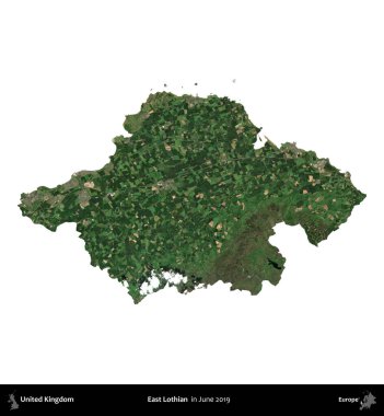 Doğu Lothian. Birleşik Krallık 'ın idari alanı, Haziran 2019' da çekilen Kopernik Nöbetçi karolarından oluşan bir uydu görüntüsüyle beyaza izole edilmiştir.