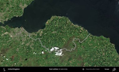 Doğu Lothian. Haziran 2019 'da çekilen Kopernik Nöbetçi karolarından oluşan bir uydu görüntüsü üzerinde Birleşik Krallık' ın idari alanının ana hatlarını belirledik.