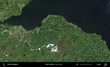 Doğu Lothian. Haziran 2019 'da çekilen Kopernik Nöbetçi karolarından oluşan bir uydu görüntüsü üzerinde Birleşik Krallık' ın idari alanı