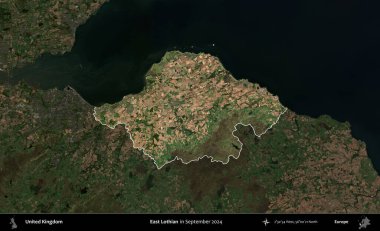 Doğu Lothian. Birleşik Krallık 'ın idari alanı, Eylül 2024' te çekilen Kopernik Nöbetçi karolarından oluşan koyu renkli bir uydu görüntüsü üzerinde vurgulandı ve özetlendi.
