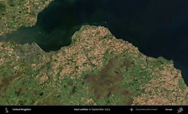 Doğu Lothian. Eylül 2024 'te Copernicus Sentinel karolarından oluşan bir uydu görüntüsü üzerinde Birleşik Krallık' ın idari alanı
