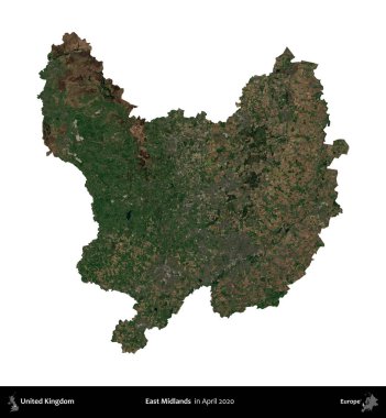 Doğu Midlands. Birleşik Krallık 'ın idari alanı, Nisan 2020' de çekilen Kopernik Nöbetçi karolarından oluşan bir uydu görüntüsü üzerinde beyaza izole edilmiştir.