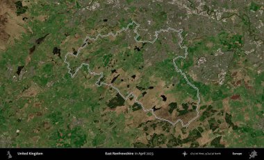 Doğu Renfrewshire. Nisan 2023 'te çekilen Kopernik Nöbetçi karolarından oluşan bir uydu görüntüsü üzerinde Birleşik Krallık' ın idari alanının ana hatlarını belirledik.