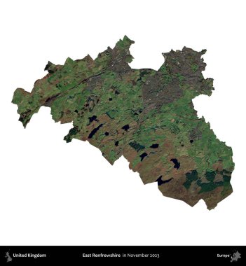 Doğu Renfrewshire. Birleşik Krallık 'ın idari alanı, Kasım 2023' te çekilen Kopernik Nöbetçi karolarından oluşan bir uydu görüntüsü üzerinde beyaza izole edilmiştir.