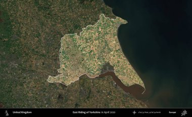 Yorkshire 'ın Doğu Biniciliği. Birleşik Krallık 'ın idari alanı, Nisan 2020' de çekilen Kopernik Nöbetçi karolarından oluşan koyu renkli bir uydu görüntüsü üzerinde vurgulandı ve özetlendi.