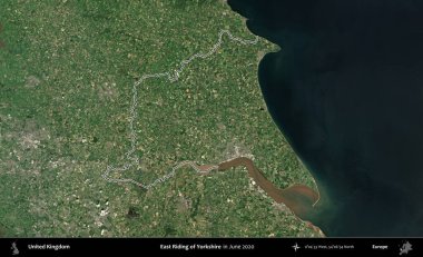 Yorkshire 'ın Doğu Biniciliği. Haziran 2020 'de çekilen Kopernik Nöbetçi karolarından oluşan bir uydu görüntüsü üzerinde Birleşik Krallık' ın idari alanının ana hatlarını belirledik.