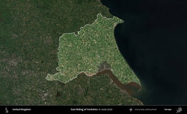 Yorkshire 'ın Doğu Biniciliği. Birleşik Krallık 'ın idari alanı, Haziran 2020' de çekilen Kopernik Nöbetçi karolarından oluşan koyu renkli bir uydu görüntüsü üzerinde vurgulandı ve özetlendi.