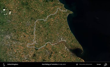 Yorkshire 'ın Doğu Biniciliği. Temmuz 2022 'de çekilen Copernicus Sentinel karolarından oluşan bir uydu görüntüsü üzerinde Birleşik Krallık' ın idari bölgesinin ana hatlarını belirledik.