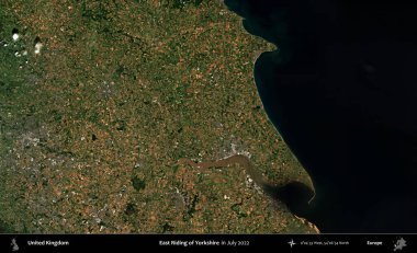 Yorkshire 'ın Doğu Biniciliği. Temmuz 2022 'de çekilen Kopernik Nöbetçi karolarından oluşan bir uydu görüntüsü üzerinde Birleşik Krallık' ın idari alanı