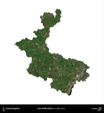 Doğu Staffordshire. Birleşik Krallık 'ın idari alanı, Nisan 2023' te çekilen Kopernik Nöbetçi karolarından oluşan bir uydu görüntüsü üzerinde beyaza izole edilmiştir.