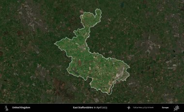 Doğu Staffordshire. Birleşik Krallık 'ın idari alanı, Nisan 2023' te çekilen Kopernik Nöbetçi karolarından oluşan koyu renkli bir uydu görüntüsü üzerinde vurgulandı ve özetlendi.