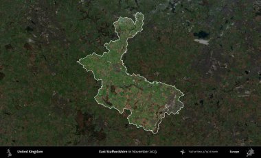 Doğu Staffordshire. Birleşik Krallık 'ın idari alanı, Kasım 2023' te çekilen Kopernik Nöbetçi karolarından oluşan koyu renkli bir uydu görüntüsü üzerinde vurgulandı ve özetlendi.