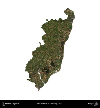 Doğu Suffolk. Birleşik Krallık 'ın idari alanı, Şubat 2022' de çekilen Kopernik Nöbetçi karolarından oluşan bir uydu görüntüsüyle beyaza izole edildi.
