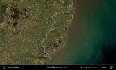 Doğu Suffolk. Şubat 2022 'de çekilen Kopernik Nöbetçi karolarından oluşan bir uydu görüntüsü üzerinde Birleşik Krallık' ın idari alanının ana hatlarını belirledik.