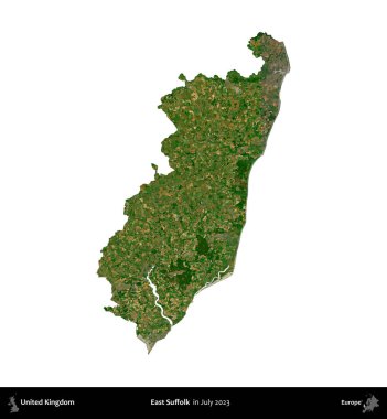 Doğu Suffolk. Birleşik Krallık 'ın idari bölgesi, Temmuz 2023' te çekilen Kopernik Nöbetçi karolarından oluşan bir uydu görüntüsü ile beyaza izole edilmiştir.