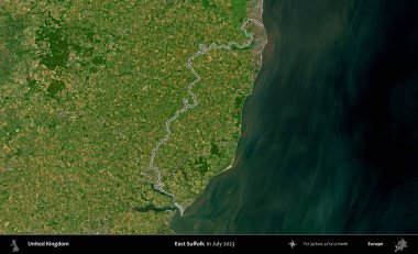 Doğu Suffolk. Temmuz 2023 'te çekilen Copernicus Sentinel karolarından oluşan bir uydu görüntüsü üzerinde Birleşik Krallık' ın idari bölgesinin ana hatlarını belirledik.